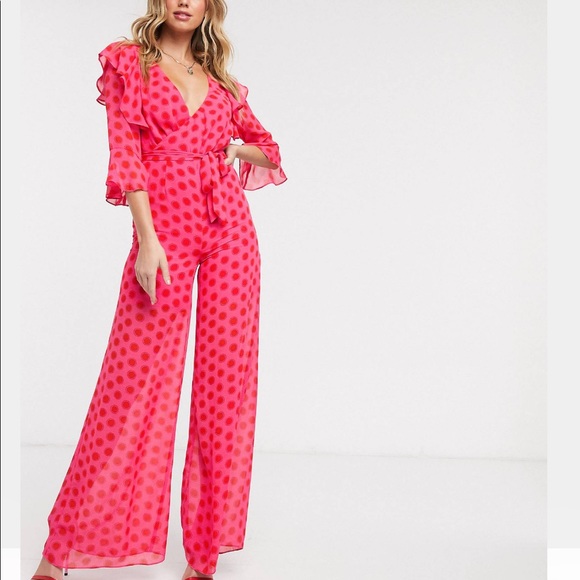 ASOS Pants - Asos 12 US Dark Pink plunge front jumpsuit in red and pink polka